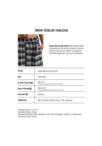 Kadın Laci Ekose W6-56 Maxi Kargo Cep Tasarım Bermuda Şort Lacivert