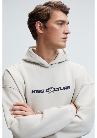Grimelange TRUETT Erkek Kapüşonlu Kanguru Cepli Önü Ve Sırtı Baskılı Oversize Gri Sweatshirt