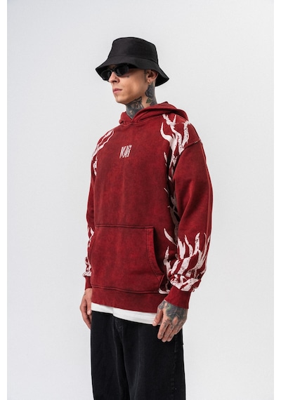 Respire Erkek War Baskılı Yıkamalı Kapüşonlu Oversize Hoodie Bordo