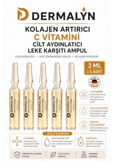 Dermalyn 5 Adet Kolajen Artırıcı C Vitamini Cilt Aydınlatıcı Leke Karşıtı Ampul Serum Dermaroller Dermapen
