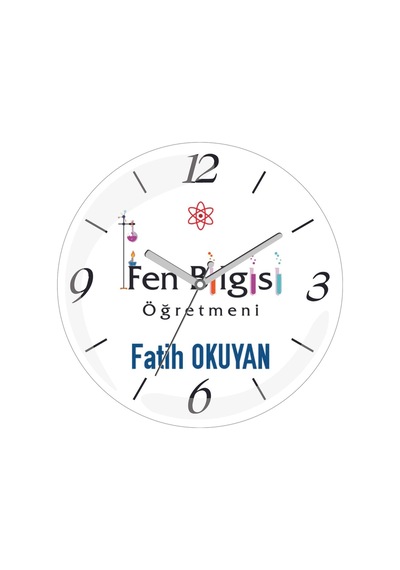 Kişiye Özel Fen Bilgisi Öğretmeni Atom Çap 30 Bombeli Gerçek Cam Duvar Saati Siyah