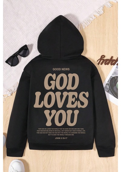 God Loves You Baskılı Erkek - Kız Çocuk Rahat Kalıp Sweatshirt Siyah