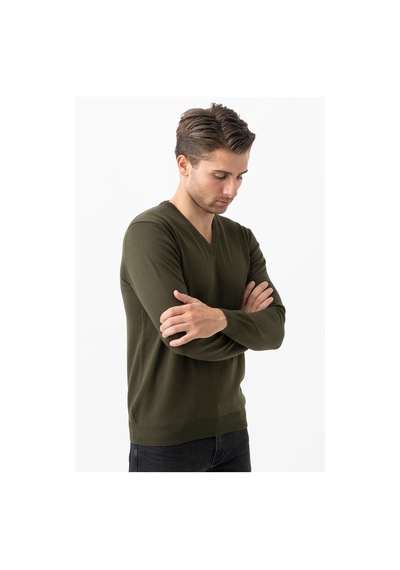 White Stone Treviso 2116 Slim Fit Pamuklu V Yaka Düz Triko Haki-haki Haki
