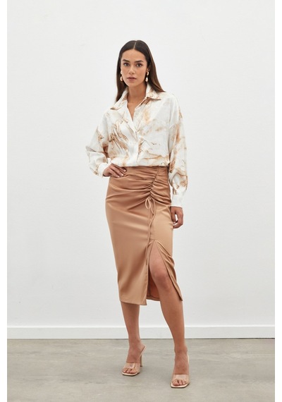 Sateen Büzgü Detaylı Saten Etek - Camel
