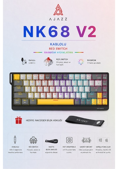Nk68v2 Hot Swap Kablolu Mekanik Oyun Klavyesi- Red Switch-bilek Askılı