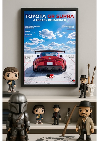 Toyota Gr Supra Siyah Ahşap Çerçeveli Poster, Dekoratif Araba Duvar Tablosu