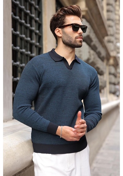 Madmext Lacivert Polo Yaka Dokulu Erkek Triko Kazak E7511