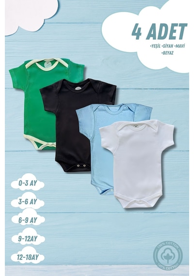 Betül Bebek Kısa Kollu 4'lü Organik Pamuk Çıtçıtlı Bebek Body & Zıbın Yeşil,siyah,mavi,beyaz Çok Renkli