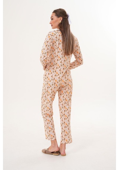 Çift Kaplan Kadın Pamuk Zeytin Desen Gömlek Yaka Yeşil Pijama Takımı 7032 Yeşil