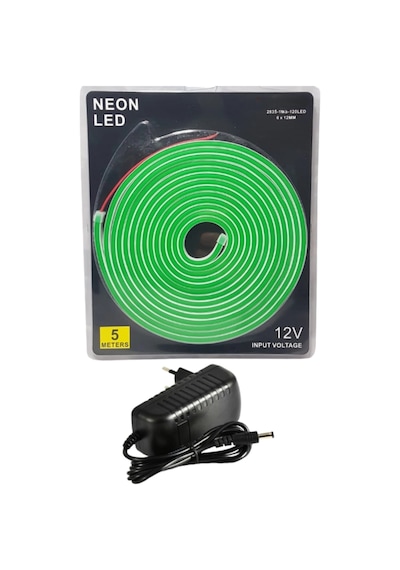 Powerr Led Aydınlatma 5 Metre 12 Volt 6x12 Mm Esnek Yeşil Neon Led 3a Plastik Adaptör Set