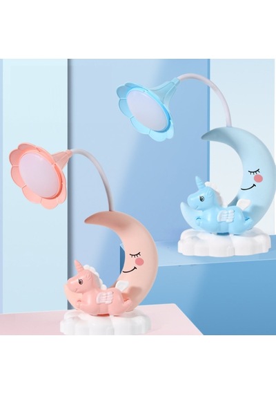 Ay Ve Unicorn Tasarımlı Sevimli Şarjlı Masa Lambası Mavi