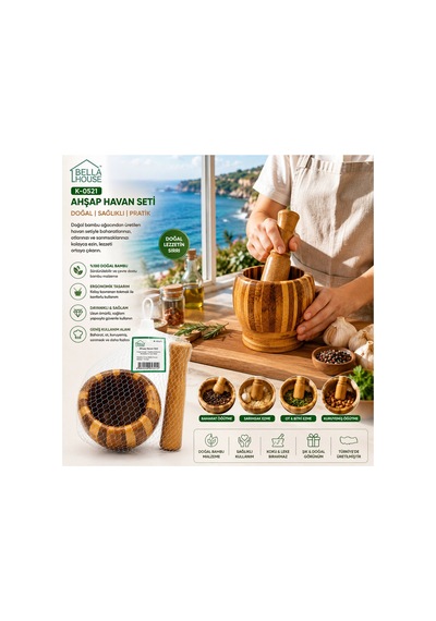 Ahşap Bambu - Çizgili Havan Sarımsak Dövecek Ç: 8cm--d: 7cm--y:10.5cm Fileli Ambalaj 5671