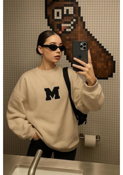 Benroma 3 İplik Penye M Baskılı Unisex Sweatshırt Bej