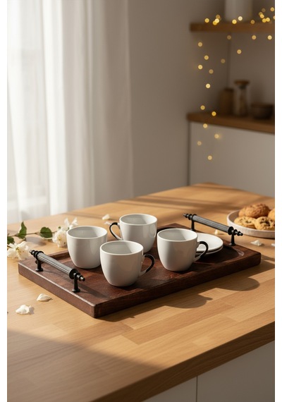 Tray - Metal Kulplu Ahşap Tepsi Sunum Tepsisi Kahve Servis Tepsisi SNPTRAY