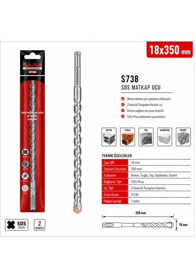 Sara S738 Sds Plus Matkap Ucu 18 X 350 Mm, 2 Kesicili Tungsten Karbür Uçlu