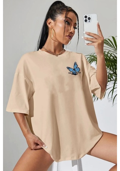 Unisex Kelebek Baskılı Tasarım Tshirt Bej