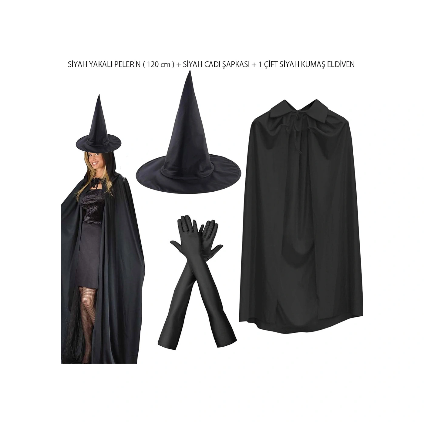 Nessiworld 120 Cm Siyah Yakalı Cadı Pelerini Cadı Şapkası Ve 1 Çift Siyah Kumaş Eldiven Seti 3 Parça