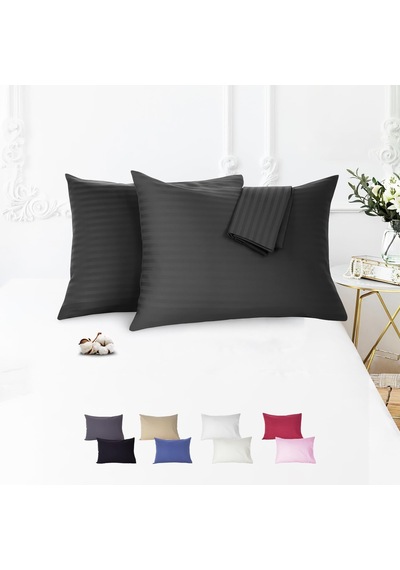 %100 Pamuk Çizgili Saten Yastık Kılıfı 50 X 70 Cm 2'li Paket Siyah Bebe Pembe - Kırık Beyaz