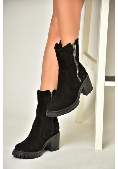 Fox Shoes T654095802 Siyah Hakiki Süet Kalın Topuklu Kadın Bot Siyah-Süet Siyah