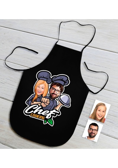 Kişiye Özel Erkek Ve Kadın Chef Karikatürlü Siyah Mutfak Önlüğü