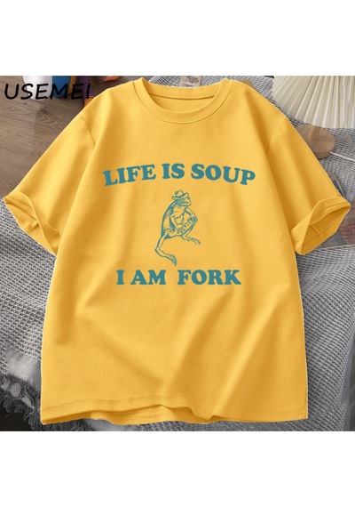 Flood Of Style Hayat Çorba Ben Çatal Kurbağa Grafik T Shirt Pamuk Unisex Komik Retro Tişört Yaz Hayvan Baskı Sarı