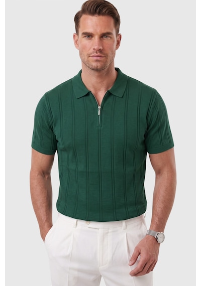 Rizzup Erkek Fermuarlı Polo Yaka Çizgi Dokulu Yeşil Triko Tişört Regular Fit Yumuşak Dokulu 2608007