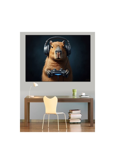 Kulaklıkla Oyun Oynayan Capybara Yağlı Boya Dokulu Kanvas Tablo Canvas Tablosu