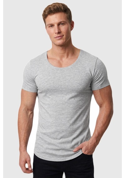Deepsea Erkek Gri Geniş Yaka Likralı Tişört Oval Yaka Slim Fit Eteği Oval Açık Yaka T-shirt 1801199 Gri