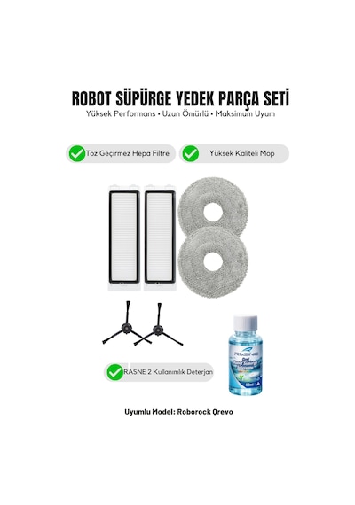 Roborock Qrevo İle Uyumlu 2 Siyah Yan Fırça 2 Filtre 2 Mop 1 Deterjan 1.0