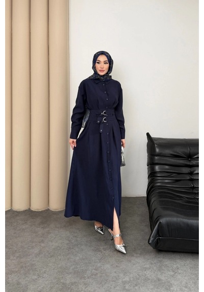 Mihran Butik Valeno Model Coupra Model Kumaş Kemer Detaylı Elbise Lacivert