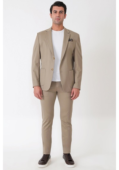 Comfort Fit Esnek Rayon Pamuk Karışım Torba Cepli Bej Blazer Ceket C 744