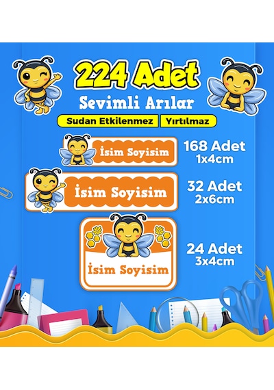 Sevimli Arı Temalı Okul Kreş Kişiye Özel İsim Etiket Seti - Model 444 Çok Renkli