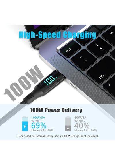 Valkyrie 100W-M 5A Type-c To Type-c Dijital Ekran Hızlı Data Şarj Kablosu