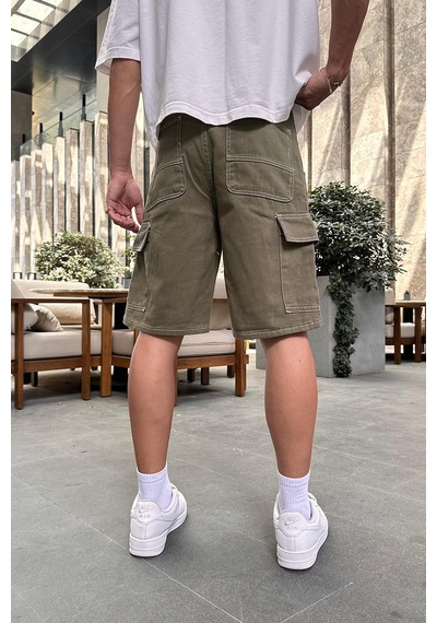Haki Kargo Cepli Beyaz Ters Dikişli Dl Baggy Kot Şort Haki