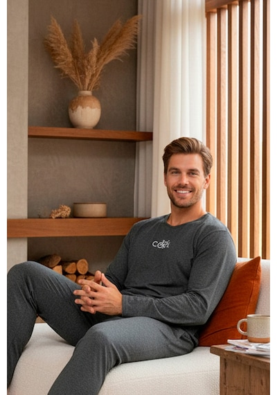 Rindahomewear Antrasit Uzun Kollu Nakışlı Örme Erkek Pijama Takımı Antrasit