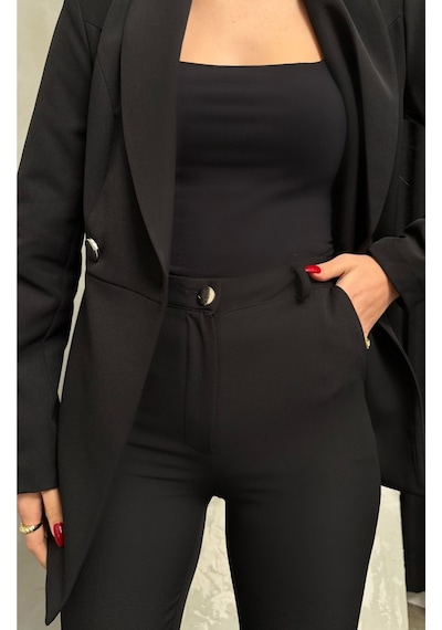 Msm Fashion Kadın İkili Blazer Ceket Pantolon Takım Pile Ve Düğme Detaylı Boru Paça Siyah