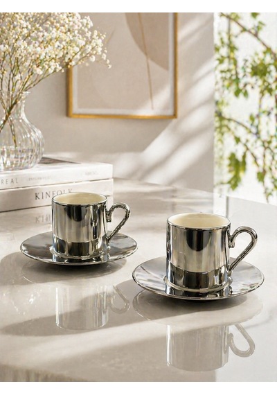 2 Li Porselen Kaplama Yaldızlı Kahve Fincan Takımı Seti 90ml Gümüş