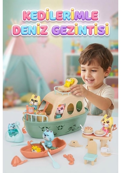 Kedi Deniz Gezintisi Tekne ve Aksesuar Oyuncakları Eğitici Banyo ve Figürlü Oyun Seti