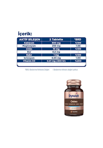 Dynavit Osteo 60 Tablet - Kalsiyum, Magnezyum, Çinko, Bor, Bakır, Selenyum, Vitamin D3 - Eklem&kemik