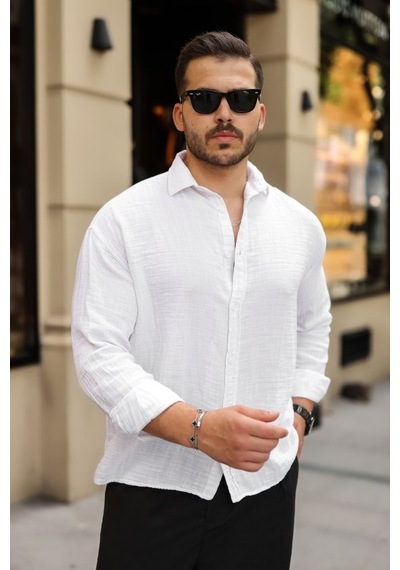 Veraura Lifestyle Erkek Rahat Kalıp Pamuklu Müslin Kumaş Gömlek Beyaz