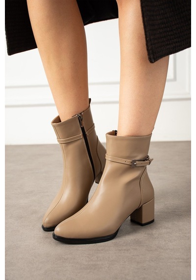 Dabab Shoes Astraya Kadın Bej Tokalı Topuklu Kısa Konç Şık Kışlık Bot Bootie