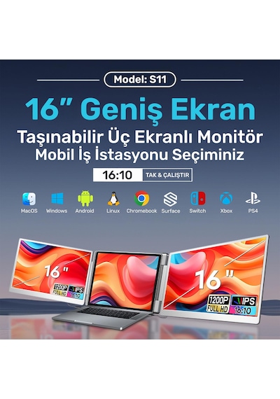 Npo Npm11 16" Fhd 1200p Ips Type-c Taşınabilir 2'li Monitör Çoklayıcı Standlı Notebook Monitör