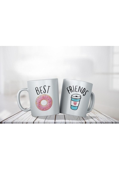 Porselen - Iqra - Best Friends Coffe Nudle Ikili Kupa Bardaklar Makinede Yıkanabilir . Beyaz