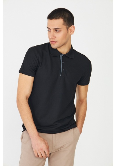 Siyah Modern Kesim Polo Yaka Erkek T-shirt Siyah