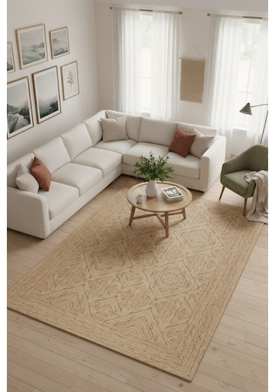 Artloop Nora Jüt Rengi Geometrik Desenli Dokuma Tabanlı Modern Şönil Halı Al 524
