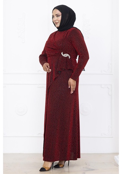 Amine Hüma Roza Abiye Elbise Bordo Bordo