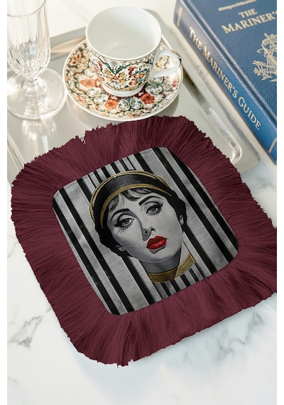 Lüks Portreli Saçaklı Sunum Peçetesi - Sanatsal Glam Retro Bordo Altın Renkli Bardak Altlığı Mendil Çok Renkli