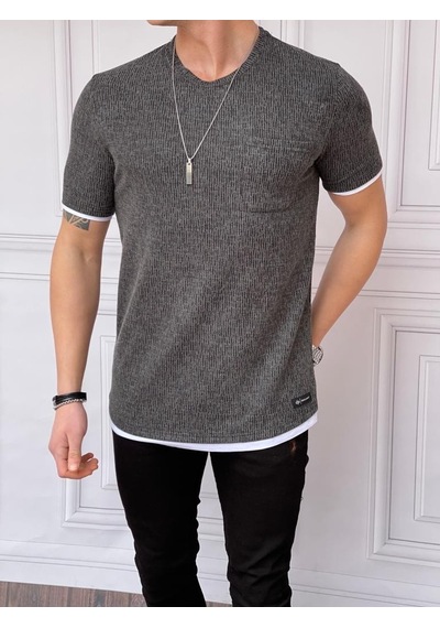 Modefendi Slim Fit Gofre Kumaş Parçalı Tshırt Antrasit