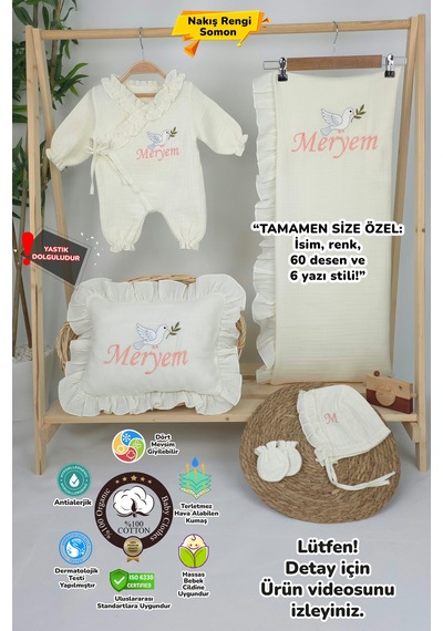 Gros Shop Müslin Yeni Doğan 4katlı Organik %100pamuk Kişiye Özgü Nakışlı Hastane Çıkış Seti Kuş Model-3 Ekru-1