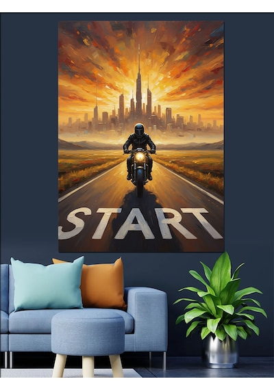 Ahşap Tablo Yolda Motosiklet Sürücüsü Start